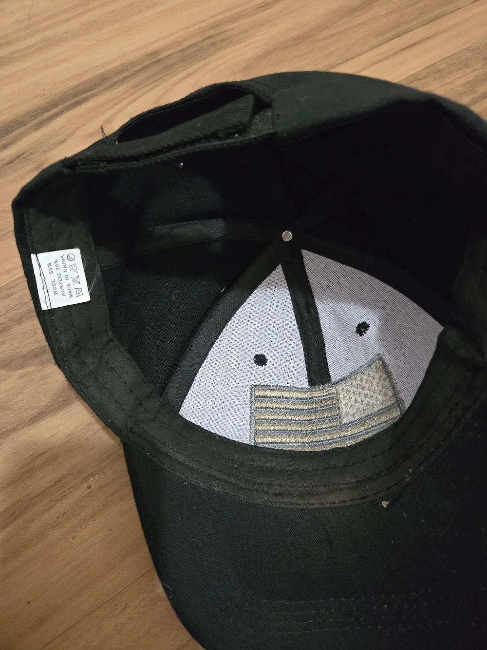4/$15 Black Baseball Cap with Tan Flag Patch Americana Cabin Vibe